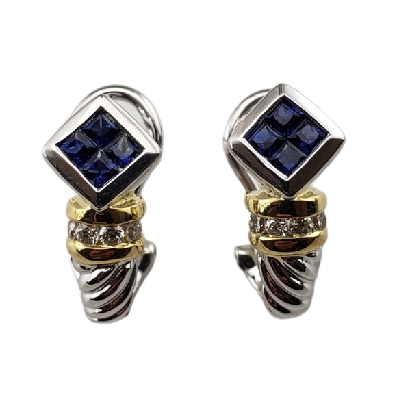 18K Two-Tone Gold Sapphire and Diamond Earrings JAGi Certified #15945 - Picture 1 of 8